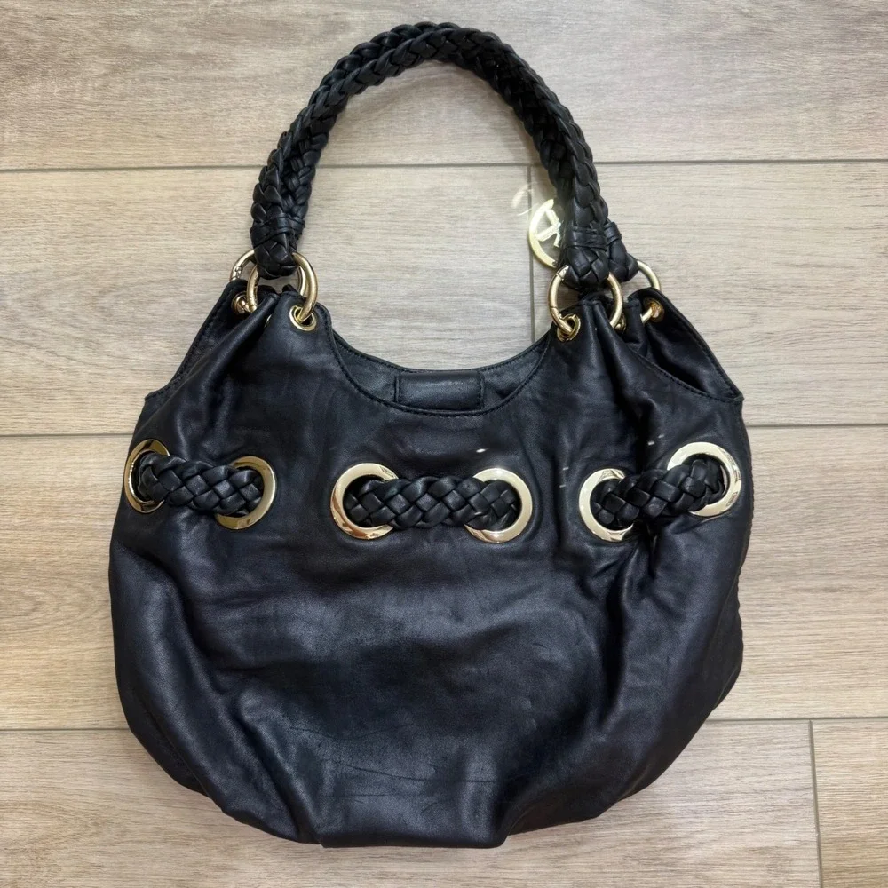 Michael Kors Black Leather Braided Hobo Shoulder Bag Gold Hardware Tassel Large